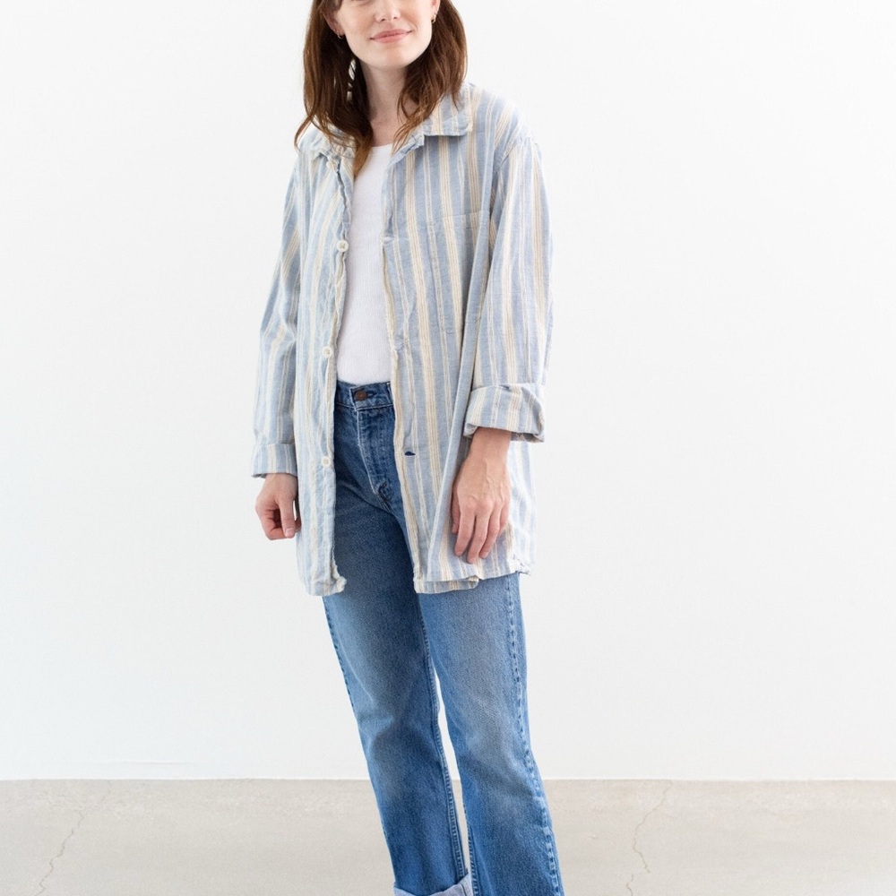 Vintage Striped Blue and White Button-Up Shirt / Dead stock British Flannel